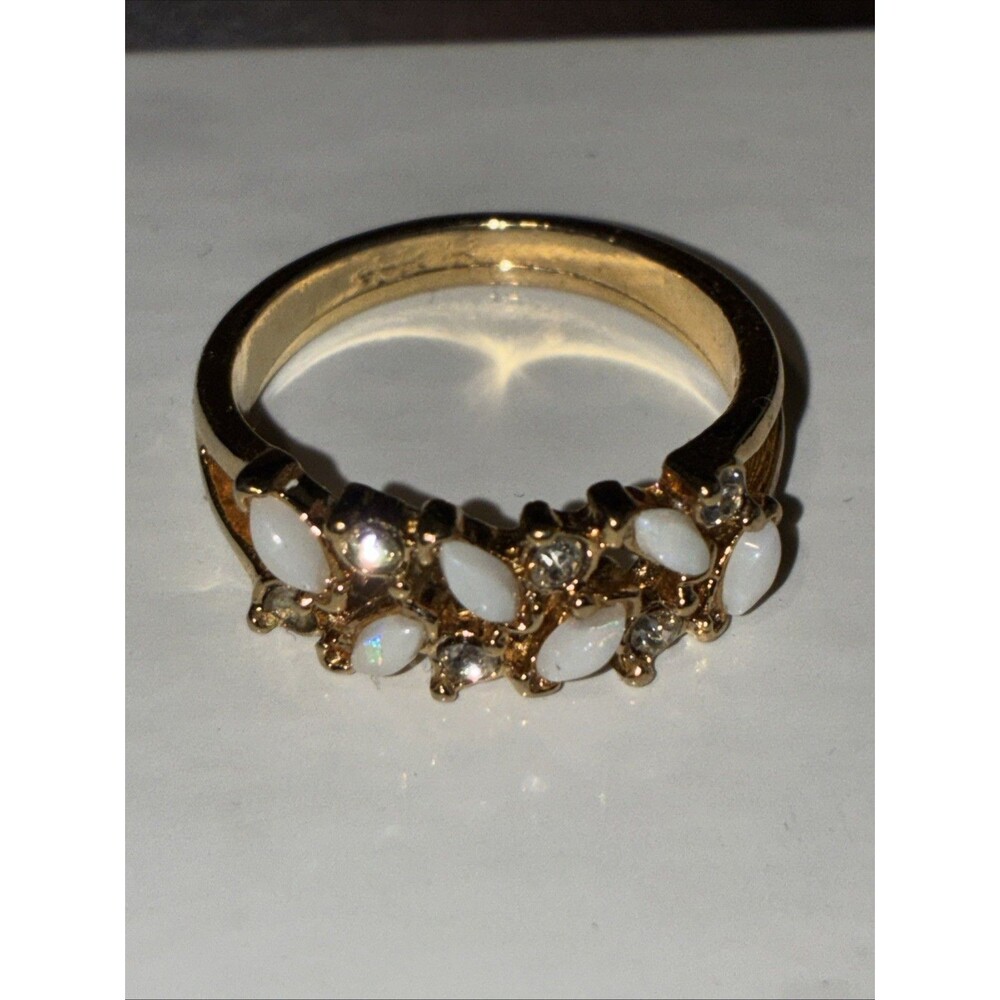 Vintage Uncas Faux Opal Rhinestone Cluster Cocktail Ring Gold Tone Sz 7
